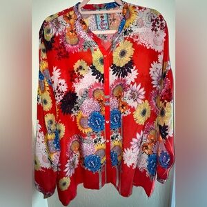 Johnny Was Red Long Sleeve Graphic Blouse